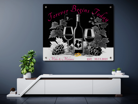 Personalized Wedding Acrylic Wall Art – “Forever Begins Today” Black & White Wine Panel with Names & Date