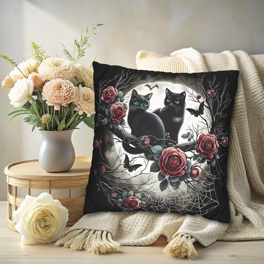 Black Cat Pillow Cover - 2 Kittens with Emerald Green Eyes, Halloween or Gothic Home Decor, Cute Cat Accent Pillow. Cover