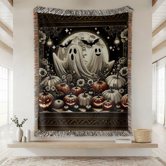 Haunted Harvest Woven Blanket – Vintage Ghost Couple & Pumpkins | Spooky Halloween Throw (No Text)