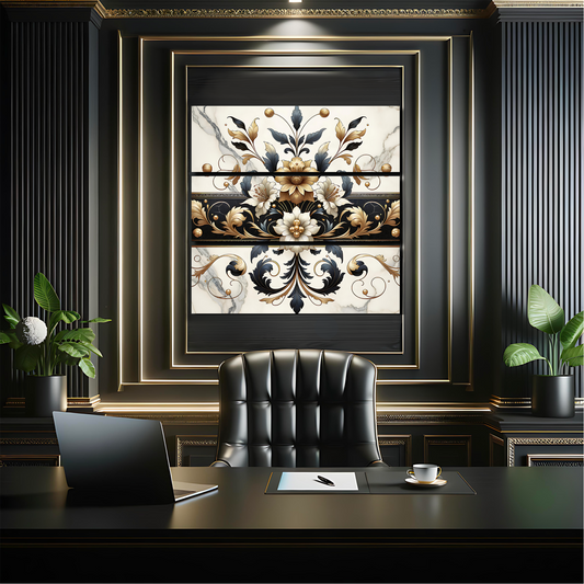 Gilded Reverie – One-of-a-Kind Baroque Floral Wall Art in Black, Gold & Marble | Collector’s Edition