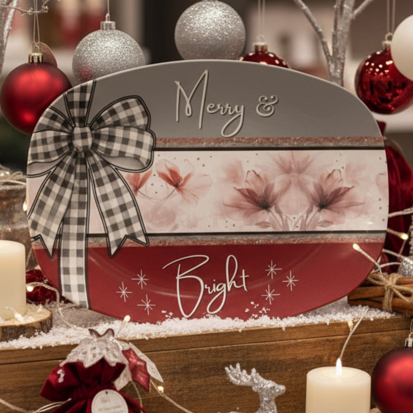 Merry & Bright Floral Christmas Platter • 10x14 Holiday Serving Tray • Oven Safe • Dishwasher Safe • Hostess Gift • Family Dinnerware