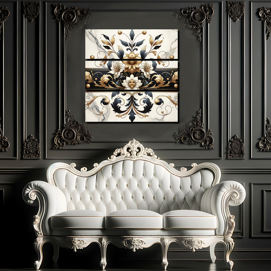 Gilded Reverie – One-of-a-Kind Baroque Floral Wall Art in Black, Gold & Marble | Collector’s Edition