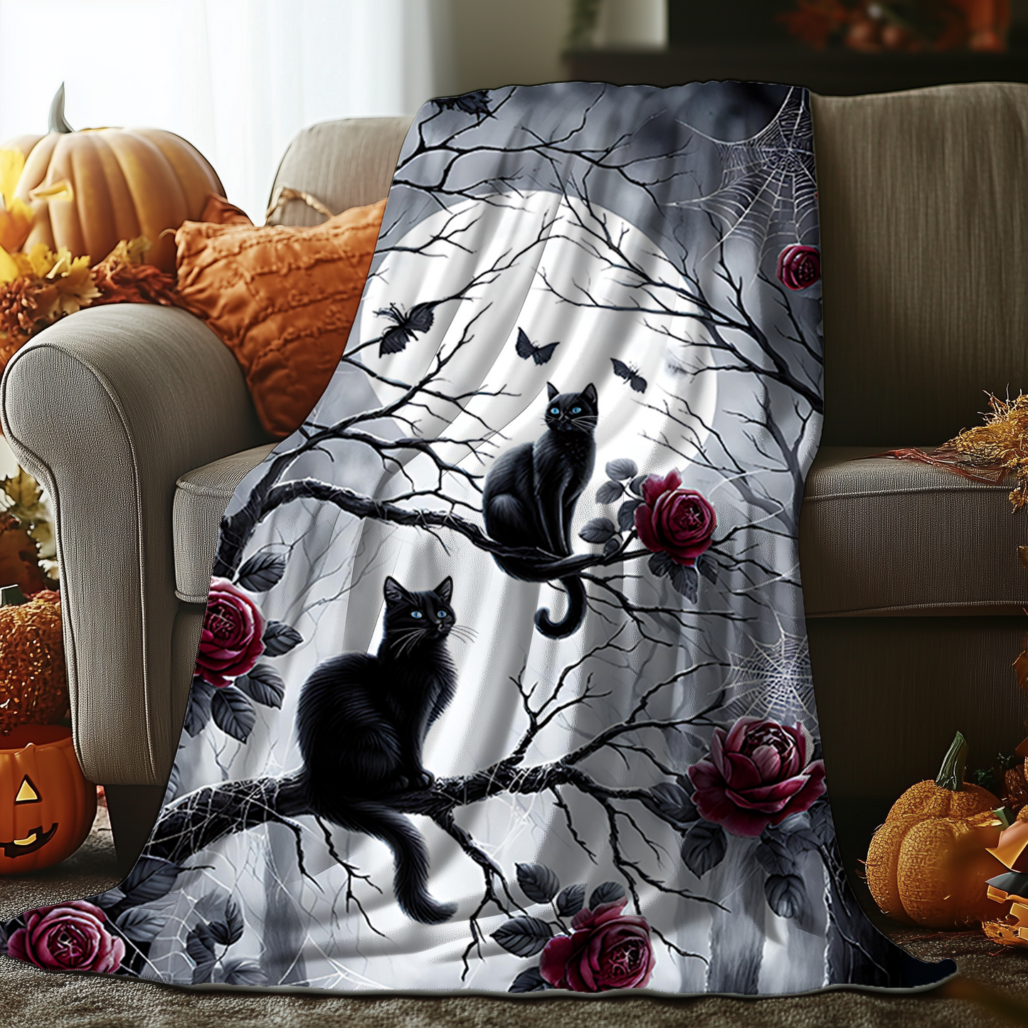 Gothic Black Cats & Roses Velveteen Blanket — Sapphire Eyes Moonlit Halloween Throw