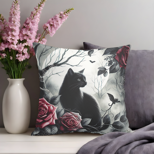 Gothic Black Cat & Roses Pillow Cover — Moonlit Faux Suede Throw Pillowcase
