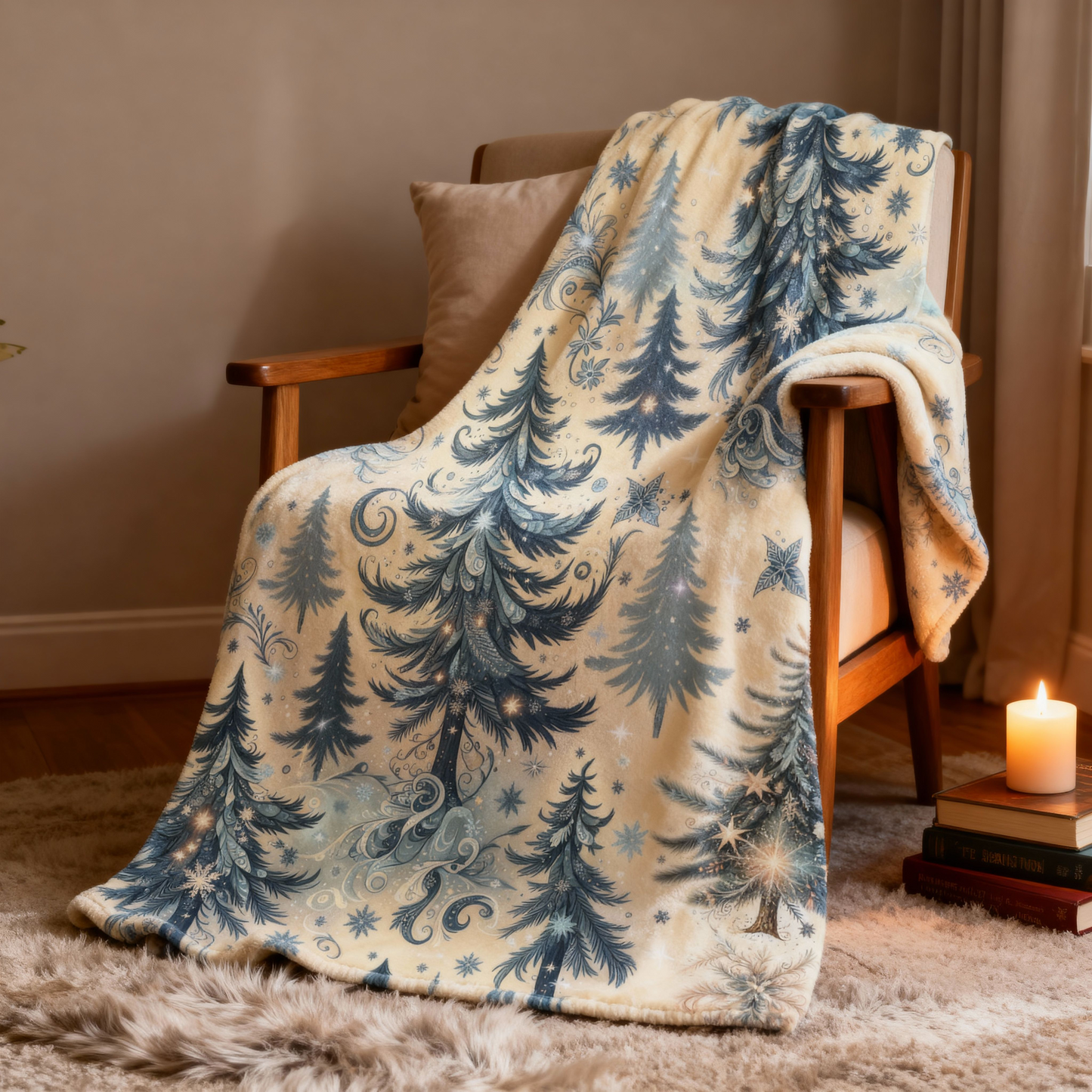Frosted Woodland Christmas Fleece Sherpa Blanket – Cozy 50x60” Winter Trees Design – Beige or Grey Backing