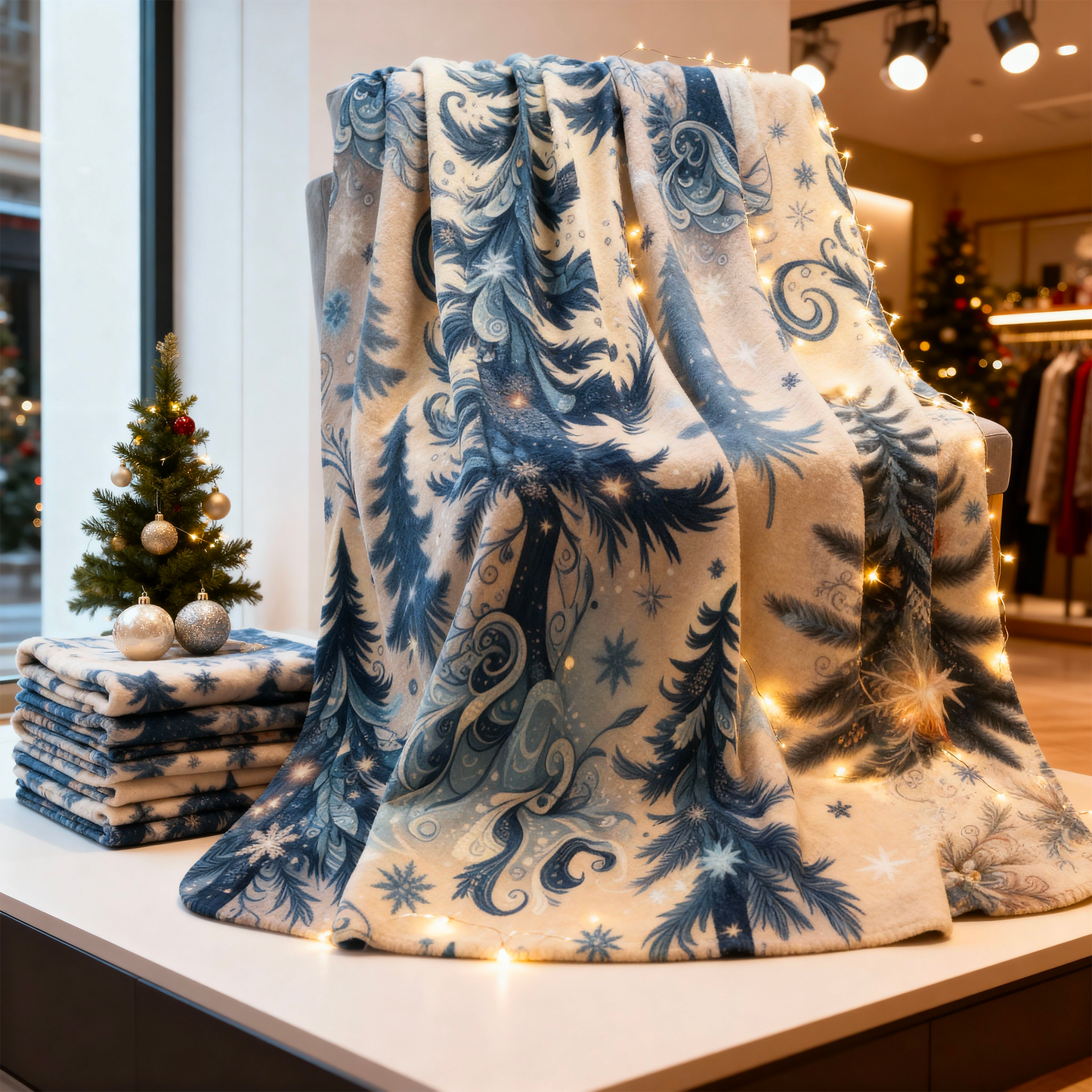 Frosted Woodland Christmas Fleece Sherpa Blanket – Cozy 50x60” Winter Trees Design – Beige or Grey Backing