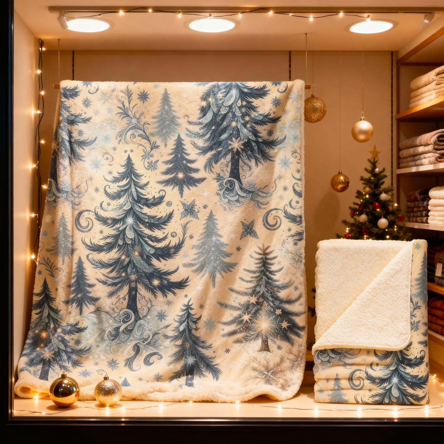 Frosted Woodland Christmas Fleece Sherpa Blanket – Cozy 50x60” Winter Trees Design – Beige or Grey Backing