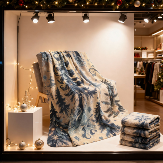 Frosted Woodland Christmas Fleece Sherpa Blanket – Cozy 50x60” Winter Trees Design – Beige or Grey Backing