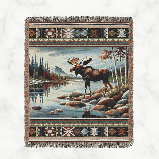 Mountain Stream Moose Woven Blanket – Rustic Cabin Decor Throw, Nature-Inspired Tapestry, Cozy Lodge Blanket Gift