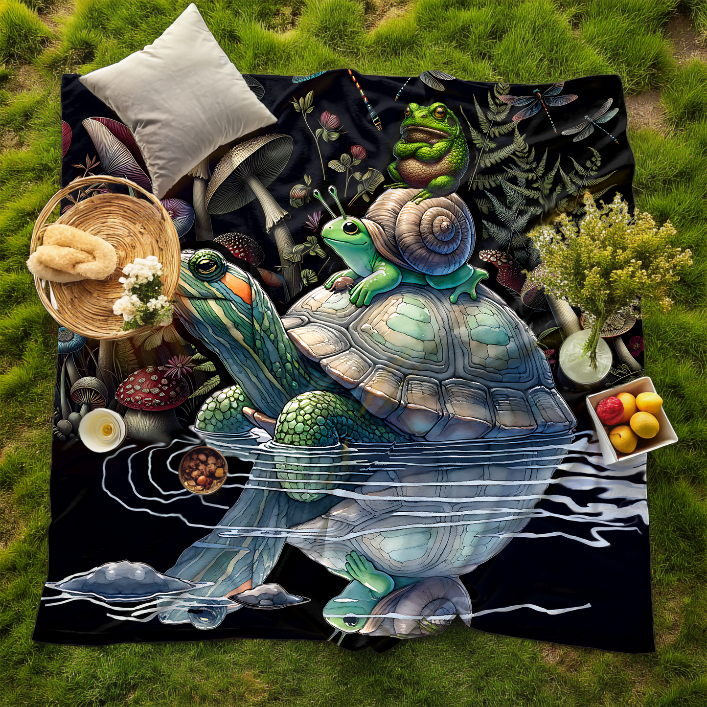 Whimsical Forest Friends Blanket – Turtle, Frog, Snail & Mushroom Scene | Cozy Velveteen Throw for Kids, Nature Lovers & Dreamers