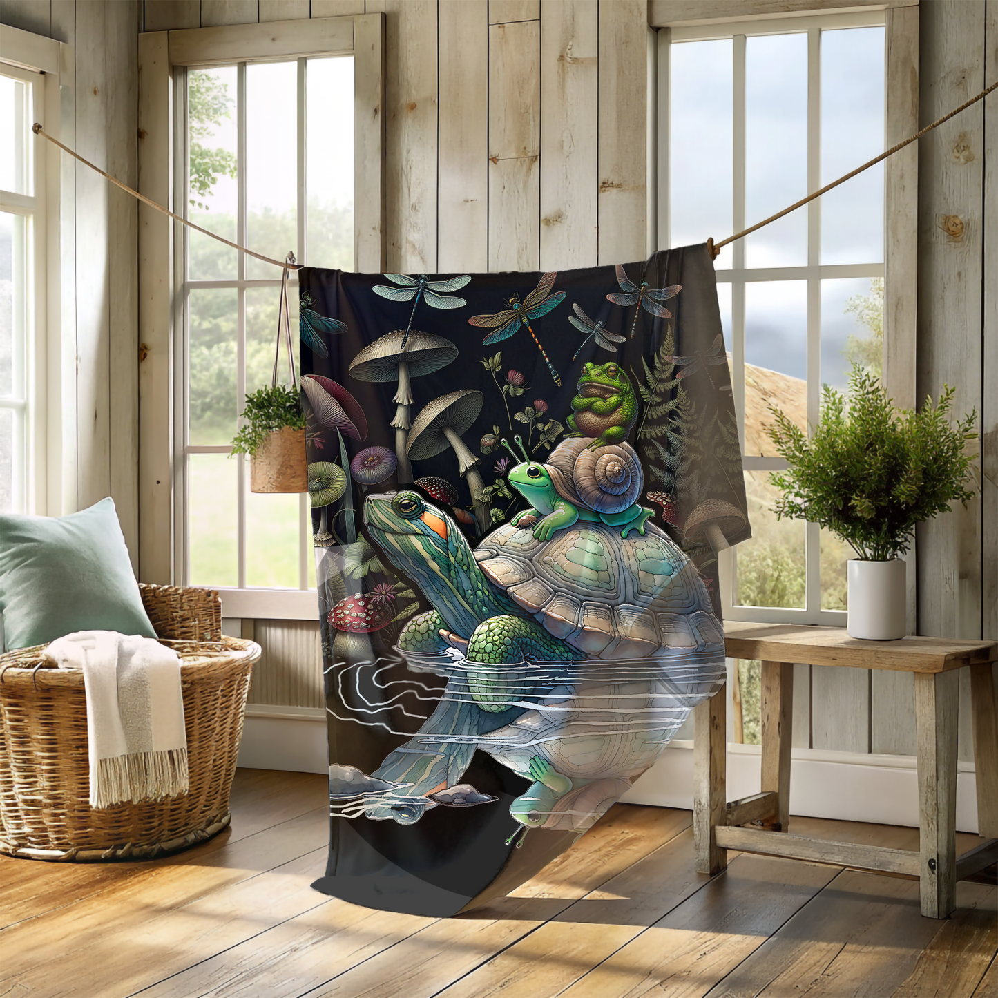 Whimsical Forest Friends Blanket – Turtle, Frog, Snail & Mushroom Scene | Cozy Velveteen Throw for Kids, Nature Lovers & Dreamers
