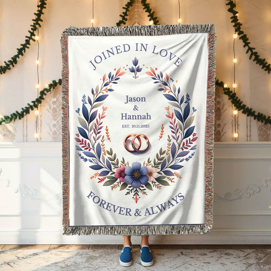 Joined in Love Personalized Wedding Blanket – Woven Throw with Names, Date & Rings – Forever & Always Anniversary Gift