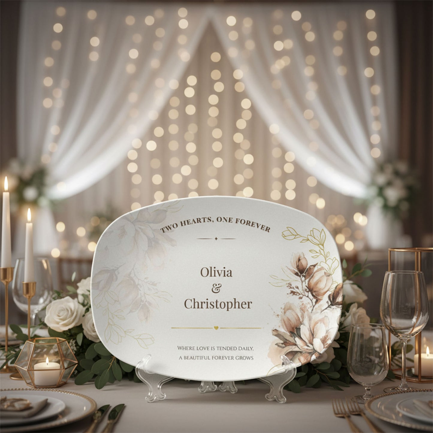 Custom Wedding Platter with Names & Date • Magnolia Floral Keepsake Plate • Elegant Personalized Wedding Gift for Couples