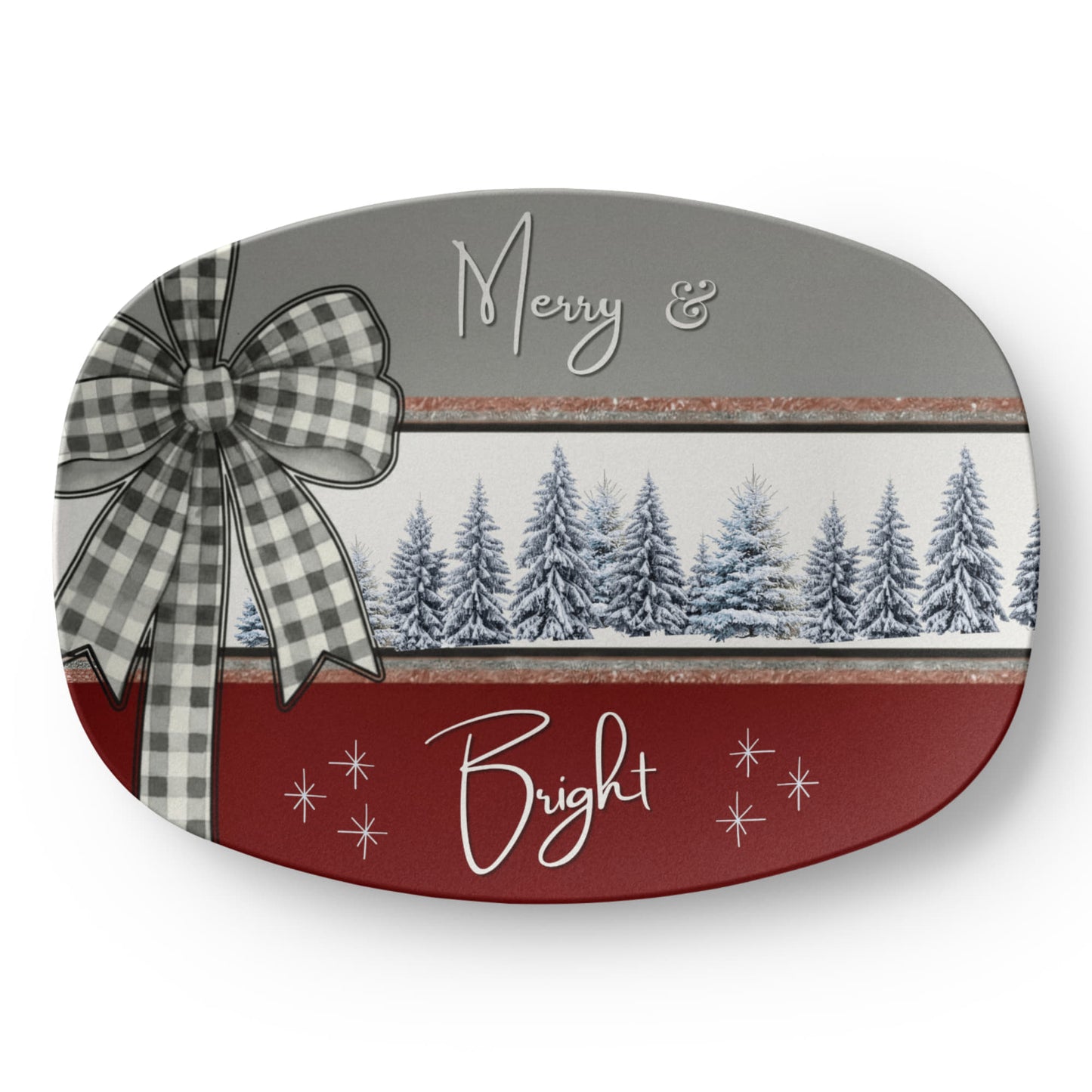 Merry & Bright Pine Trees Christmas Platter • 10x14 Holiday Serving Tray • Oven Safe • Dishwasher Safe • Hostess Gift • Family Dinnerware