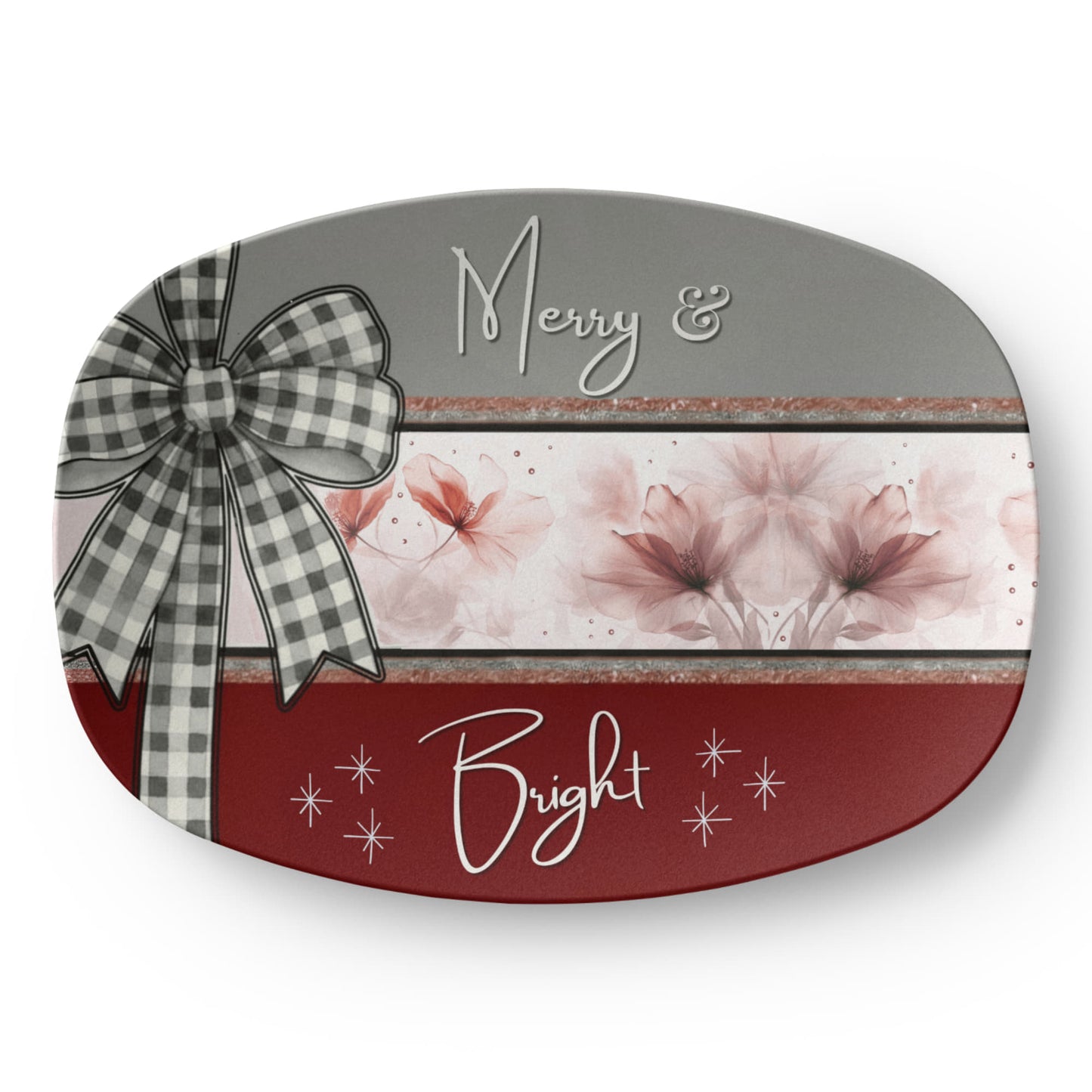 Merry & Bright Floral Christmas Platter • 10x14 Holiday Serving Tray • Oven Safe • Dishwasher Safe • Hostess Gift • Family Dinnerware