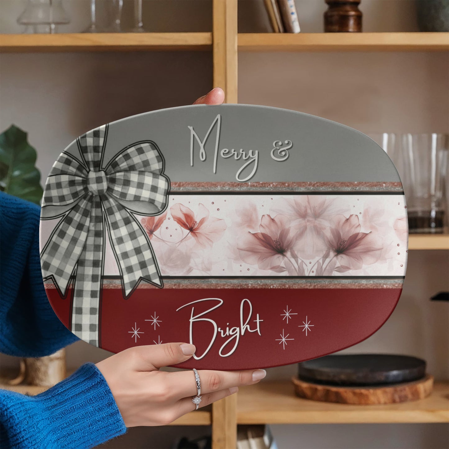 Merry & Bright Floral Christmas Platter • 10x14 Holiday Serving Tray • Oven Safe • Dishwasher Safe • Hostess Gift • Family Dinnerware