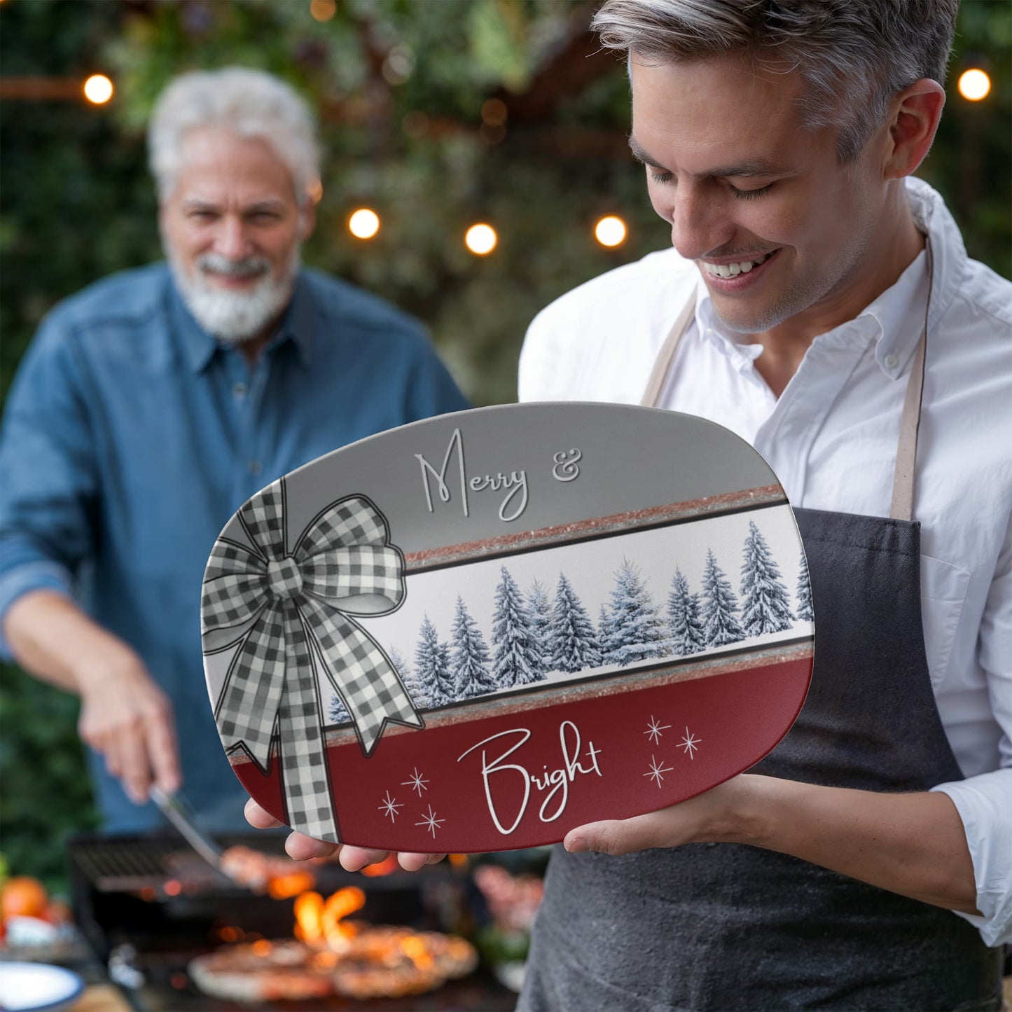 Merry & Bright Pine Trees Christmas Platter • 10x14 Holiday Serving Tray • Oven Safe • Dishwasher Safe • Hostess Gift • Family Dinnerware