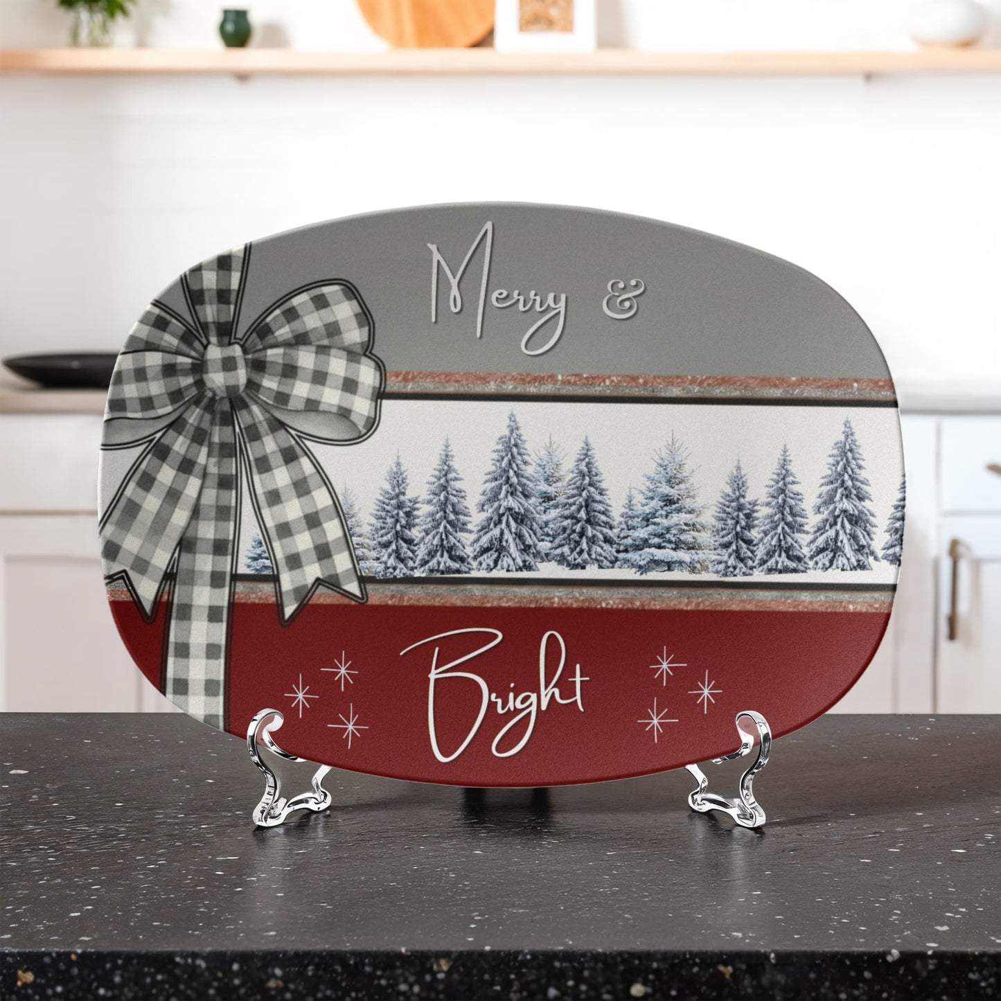 Merry & Bright Pine Trees Christmas Platter • 10x14 Holiday Serving Tray • Oven Safe • Dishwasher Safe • Hostess Gift • Family Dinnerware