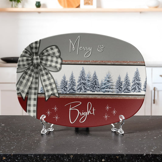 Merry & Bright Pine Trees Christmas Platter • 10x14 Holiday Serving Tray • Oven Safe • Dishwasher Safe • Hostess Gift • Family Dinnerware