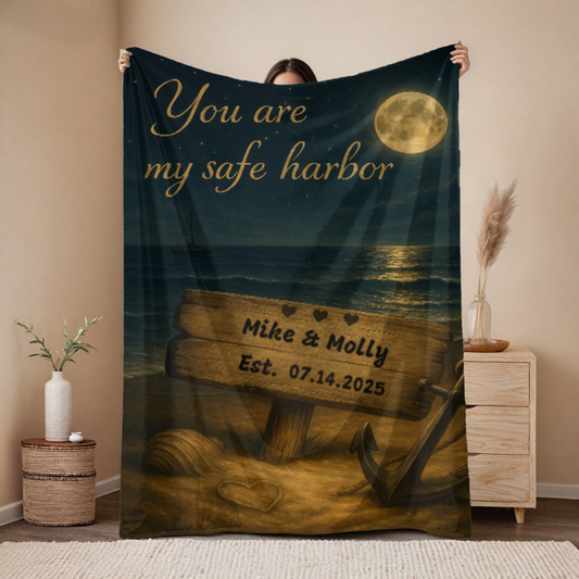 You Are My Safe Harbor Blanket – Personalized Romantic Ocean Scene Velveteen Throw