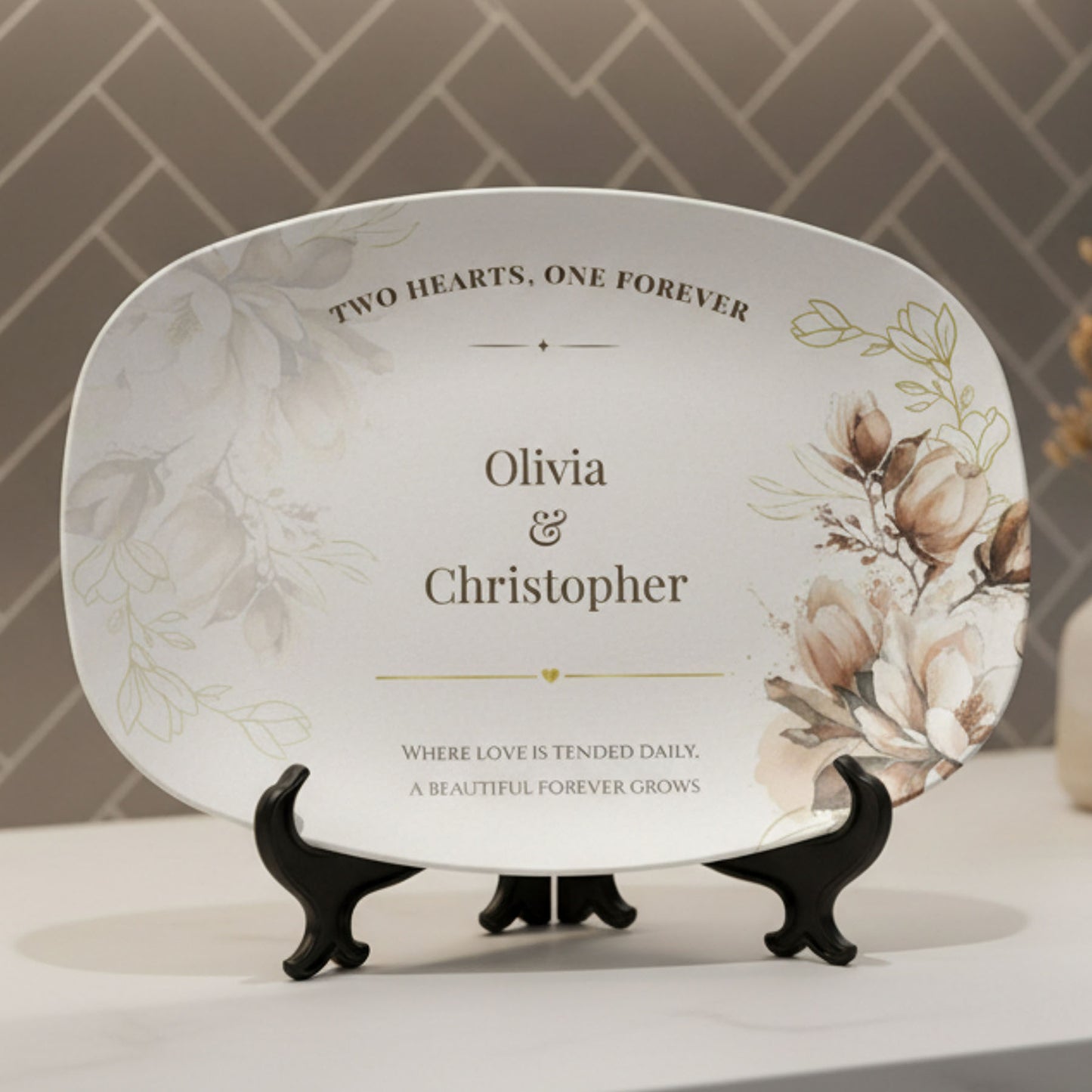 Custom Wedding Platter with Names & Date • Magnolia Floral Keepsake Plate • Elegant Personalized Wedding Gift for Couples