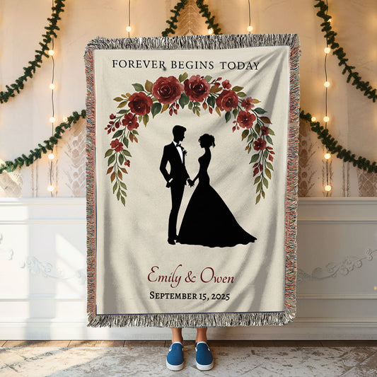 Personalized Wedding Woven Blanket – Forever Begins Today with Couple Silhouette