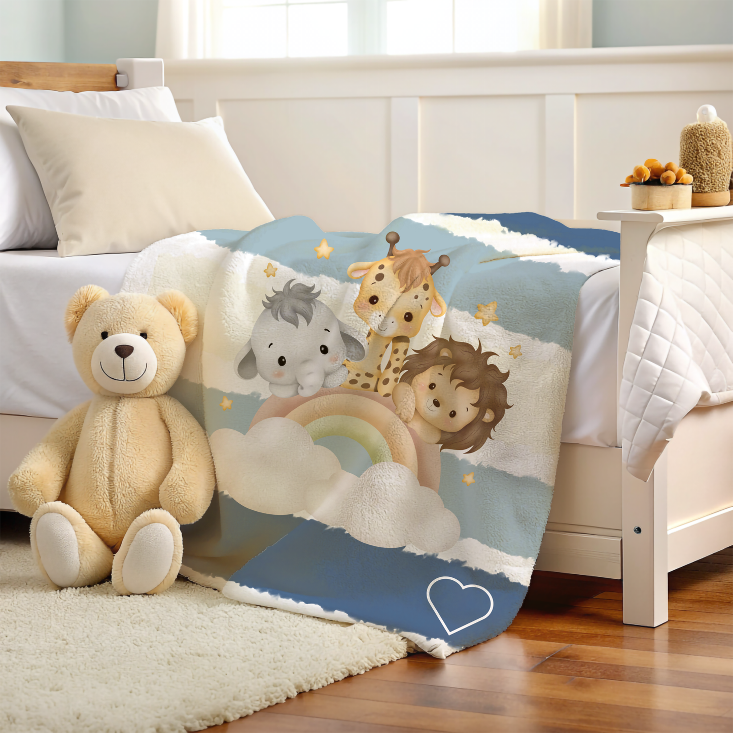 Personalized Safari Baby Blanket – Blue Jungle Animals & Rainbow Minky Blanket for Boys