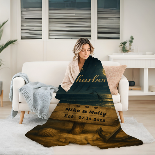 You Are My Safe Harbor Blanket – Personalized Romantic Ocean Scene Velveteen Throw