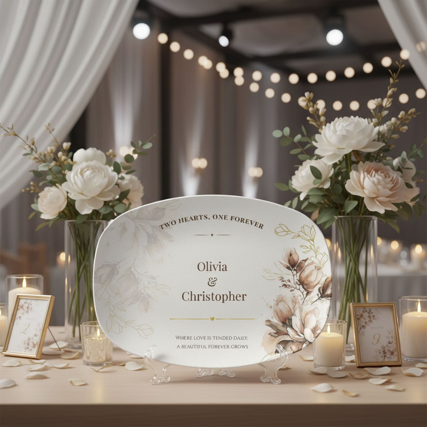 Custom Wedding Platter with Names & Date • Magnolia Floral Keepsake Plate • Elegant Personalized Wedding Gift for Couples