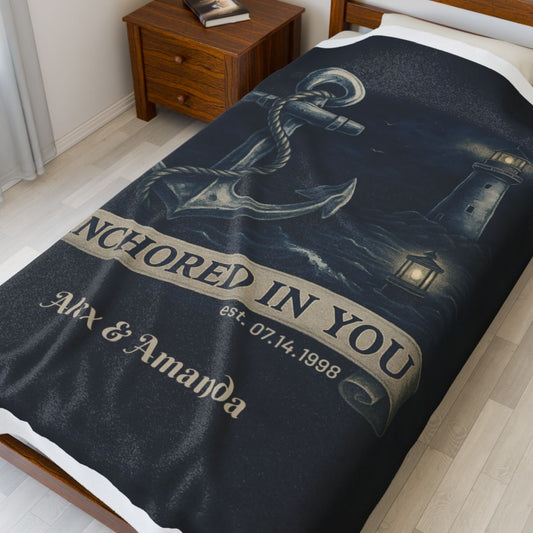 Anchored in You Blanket – Personalized Nautical Couple Throw with Lighthouse and Names
