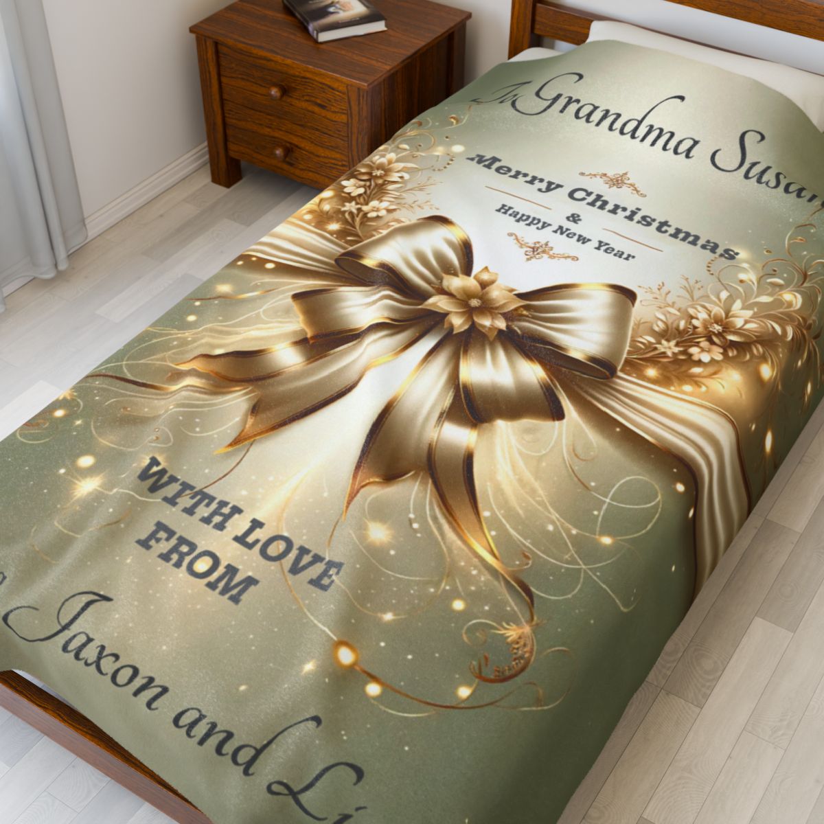 Personalized Christmas Blanket – Elegant Gold Bow Velveteen Throw, Custom Name Gift